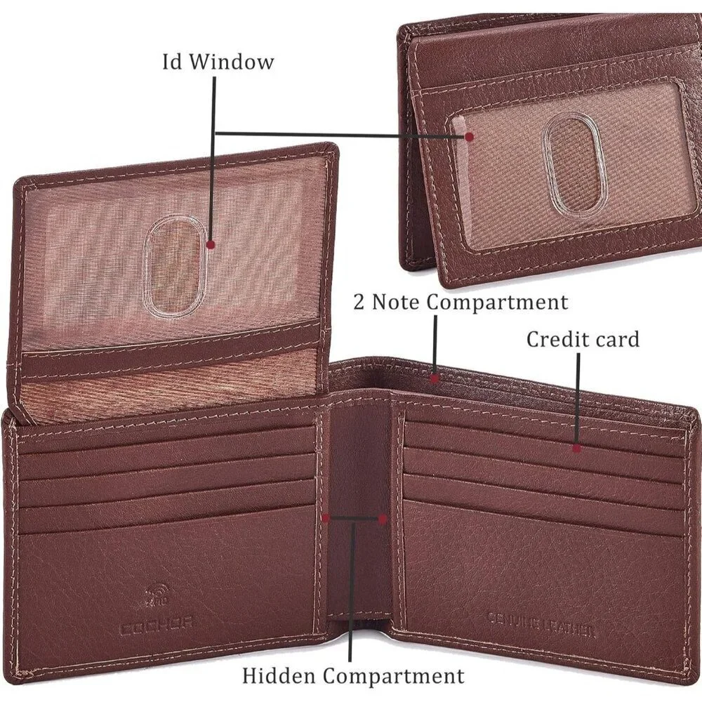 Men's Unique Metal Real Slim Dark Tan Genuine Vintage Leather Stylish Wallet